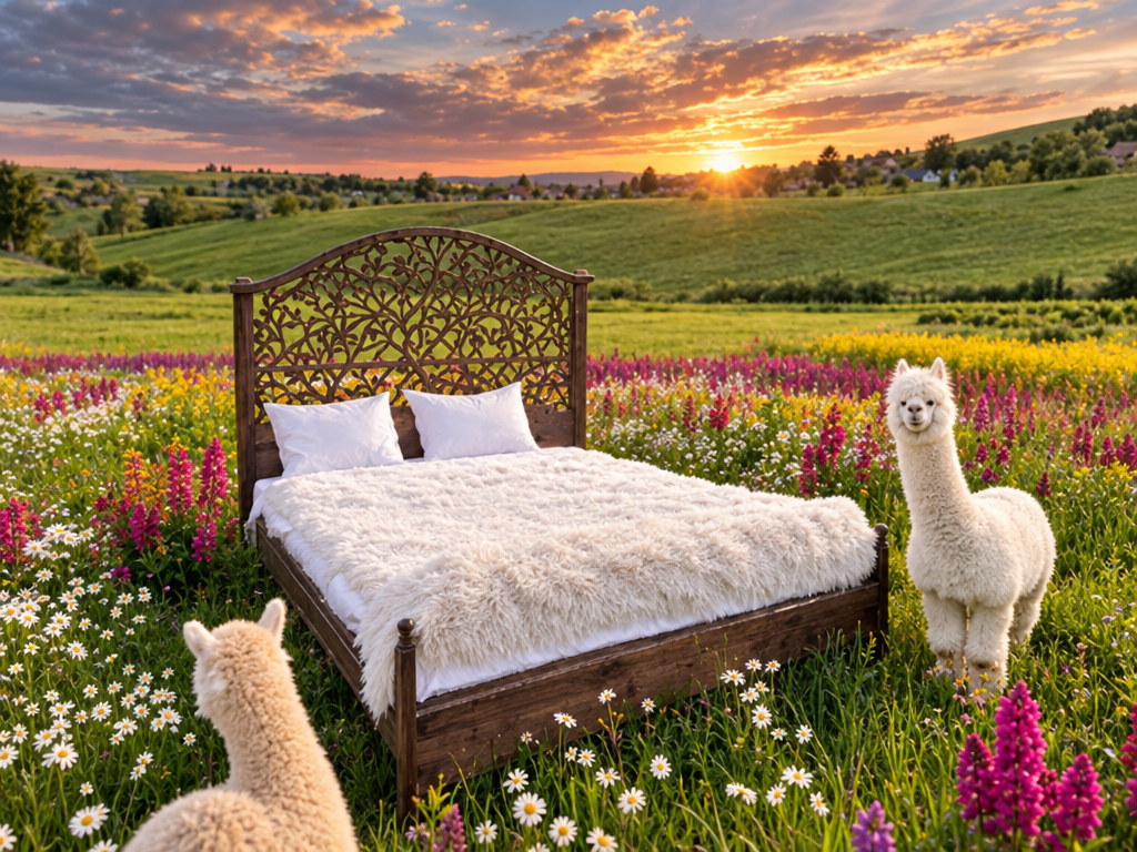 Bett auf der Blumenwiese mit zwei Alpakas im Abendlicht