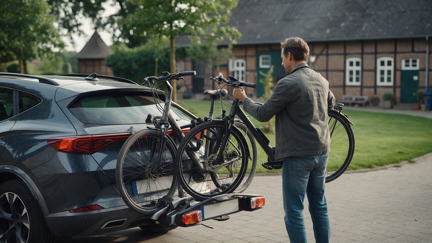 Ein Gast nimmt sein Fahrrad vom Fahrradträger am Auto